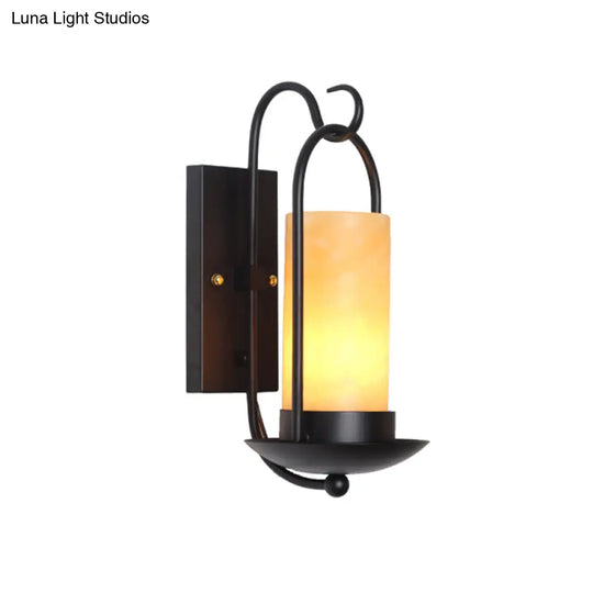 Outdoor Black Wall Sconce Light With Countryside Marble Cylindrical Design