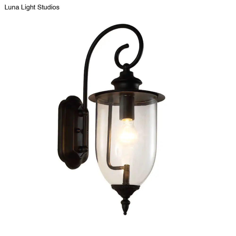 Outdoor Clear Glass Wall Mounted Lamp - Industrial Single Bulb Sconce Light With Curved Arm