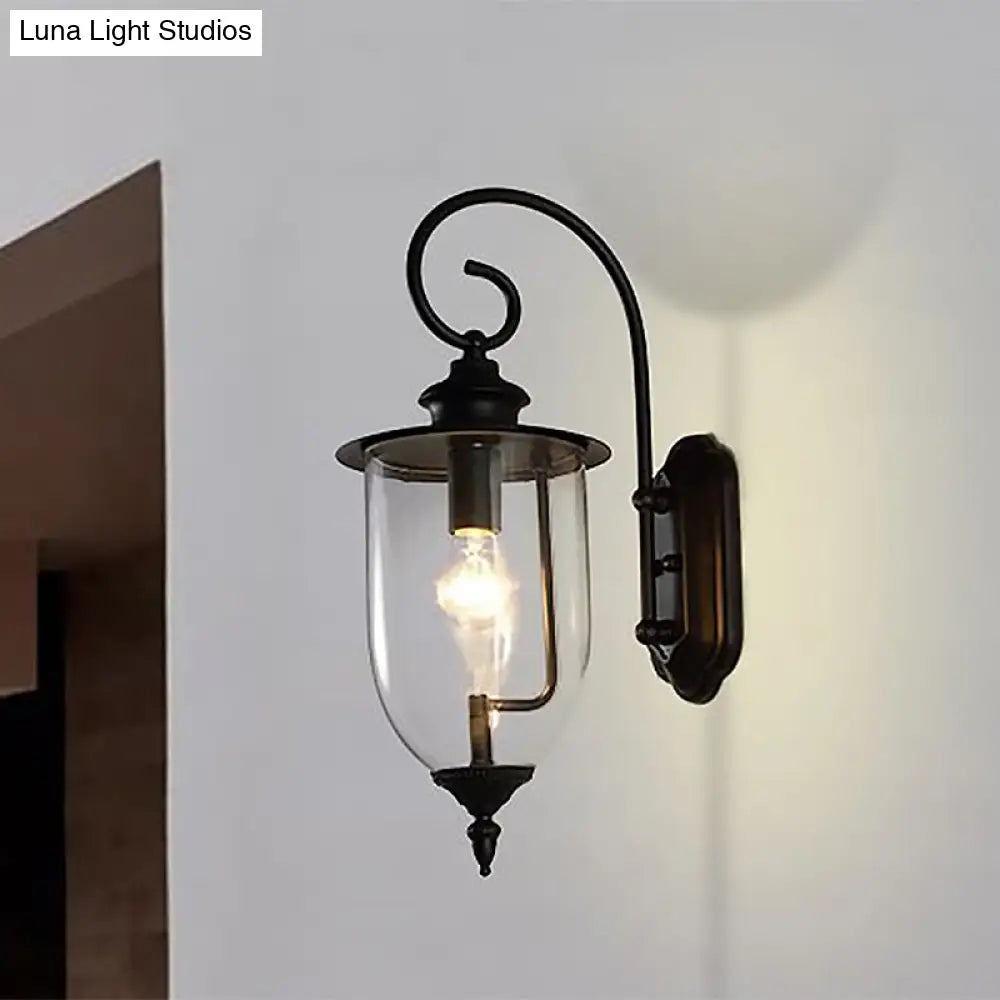 Outdoor Clear Glass Wall Mounted Lamp - Industrial Single Bulb Sconce Light With Curved Arm