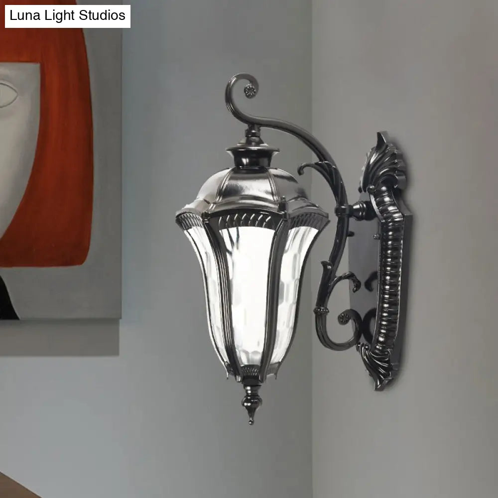 Outdoor Farmhouse Wall Lamp - Black Finish Urn Sconce With Clear Dimpled Glass