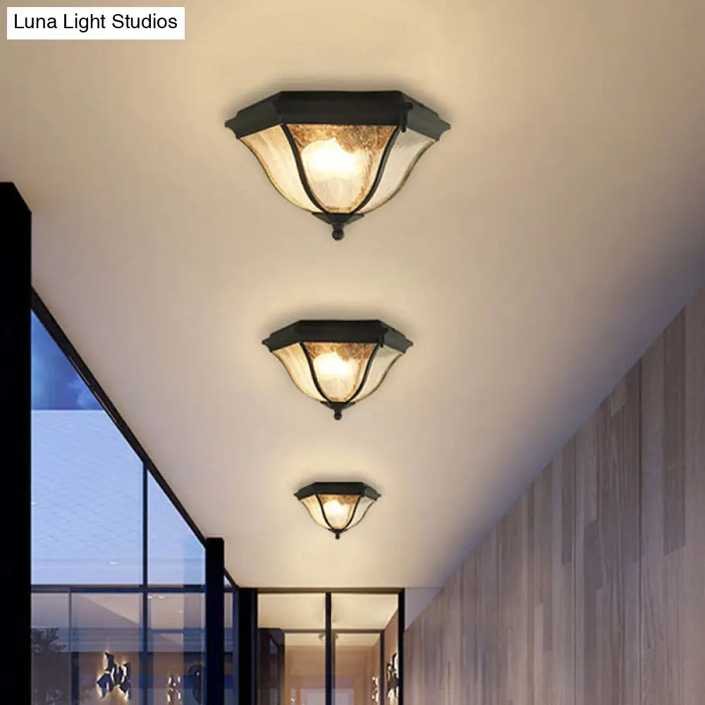 Outdoor Geometric Flush Light With Seeded Glass Shades - Traditional Black Ceiling Fixture For