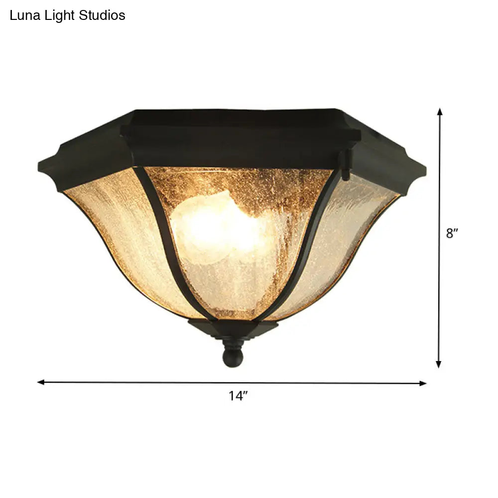 Outdoor Geometric Flush Light With Seeded Glass Shades - Traditional Black Ceiling Fixture For