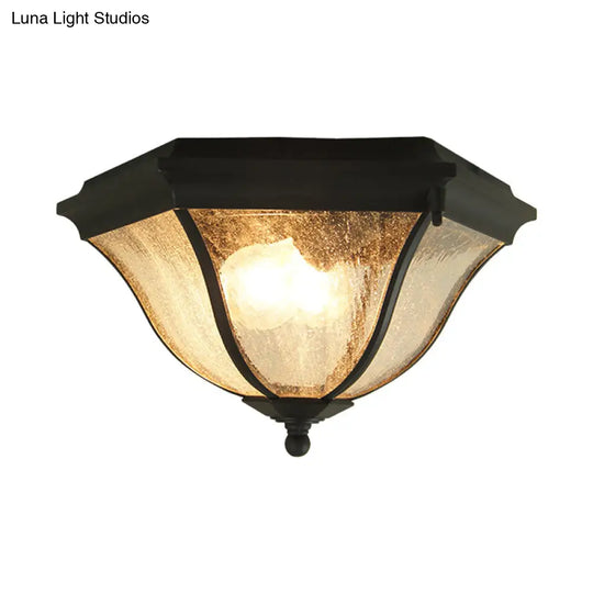 Outdoor Geometric Flush Light With Seeded Glass Shades - Traditional Black Ceiling Fixture For