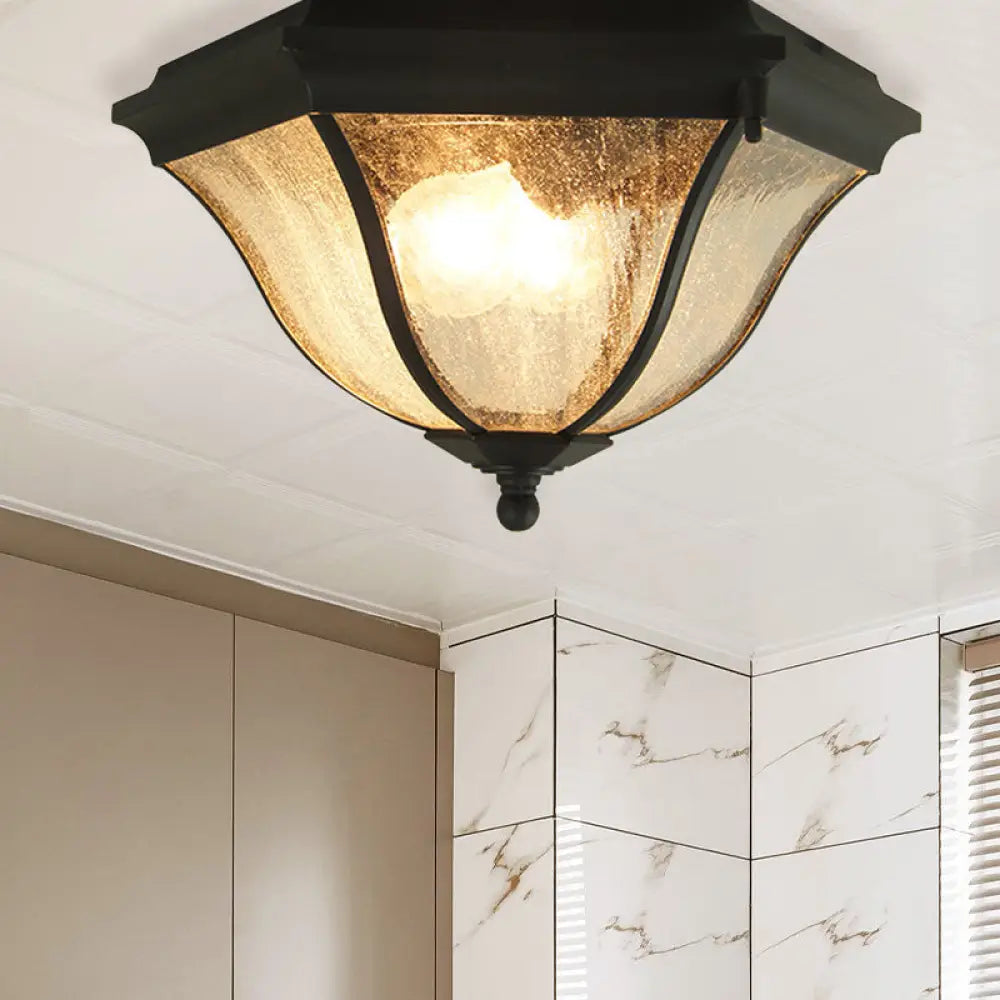 Outdoor Geometric Flush Light With Seeded Glass Shades - Traditional Black Ceiling Fixture For