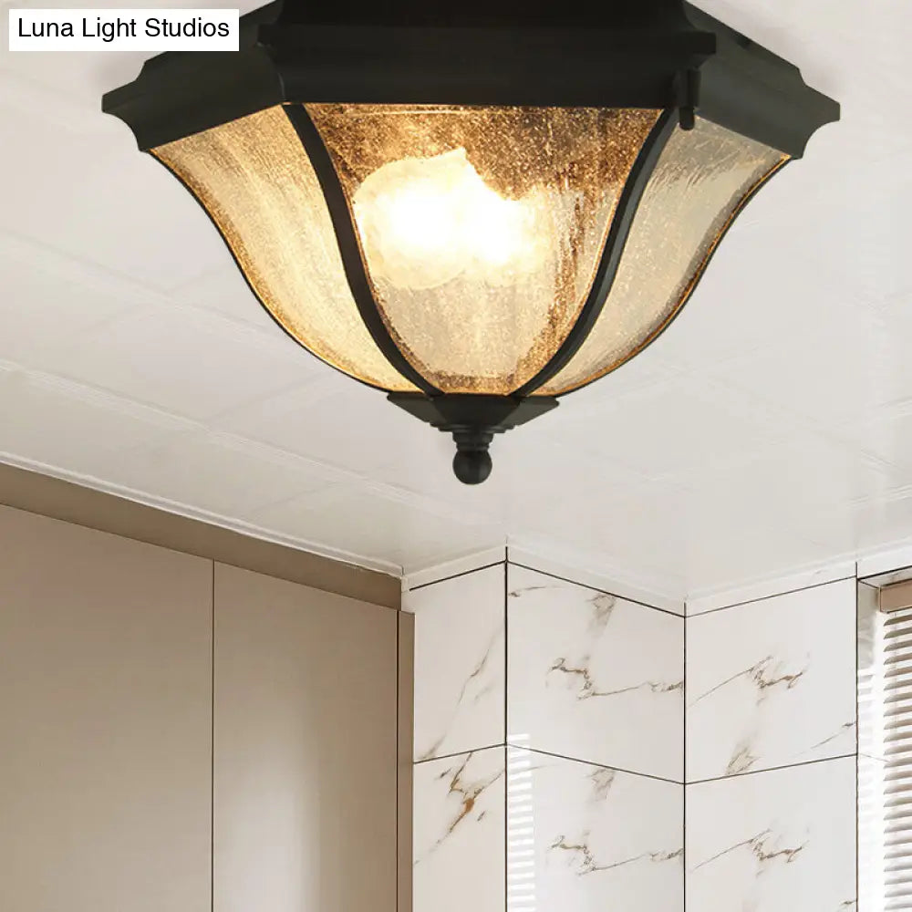 Outdoor Geometric Flush Light With Seeded Glass Shades - Traditional Black Ceiling Fixture For