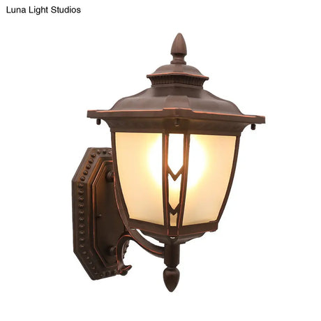 Outdoor Pinecone Wall Sconce With Frosted Glass - Coffee 1-Light Fixture For Lodge-Inspired Lighting