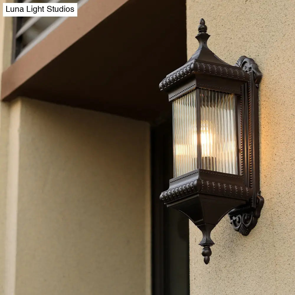 Outdoor Wall Light Sconce - Country Cuboid Mount With Clear Ribbed Glass & Coffee Finish