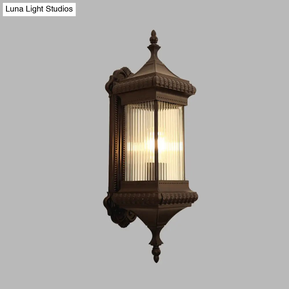 Outdoor Wall Light Sconce - Country Cuboid Mount With Clear Ribbed Glass & Coffee Finish