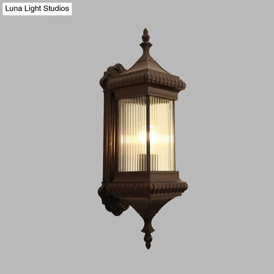 Outdoor Wall Light Sconce - Country Cuboid Mount With Clear Ribbed Glass & Coffee Finish