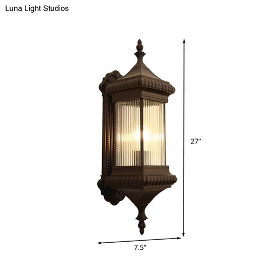 Outdoor Wall Light Sconce - Country Cuboid Mount With Clear Ribbed Glass & Coffee Finish