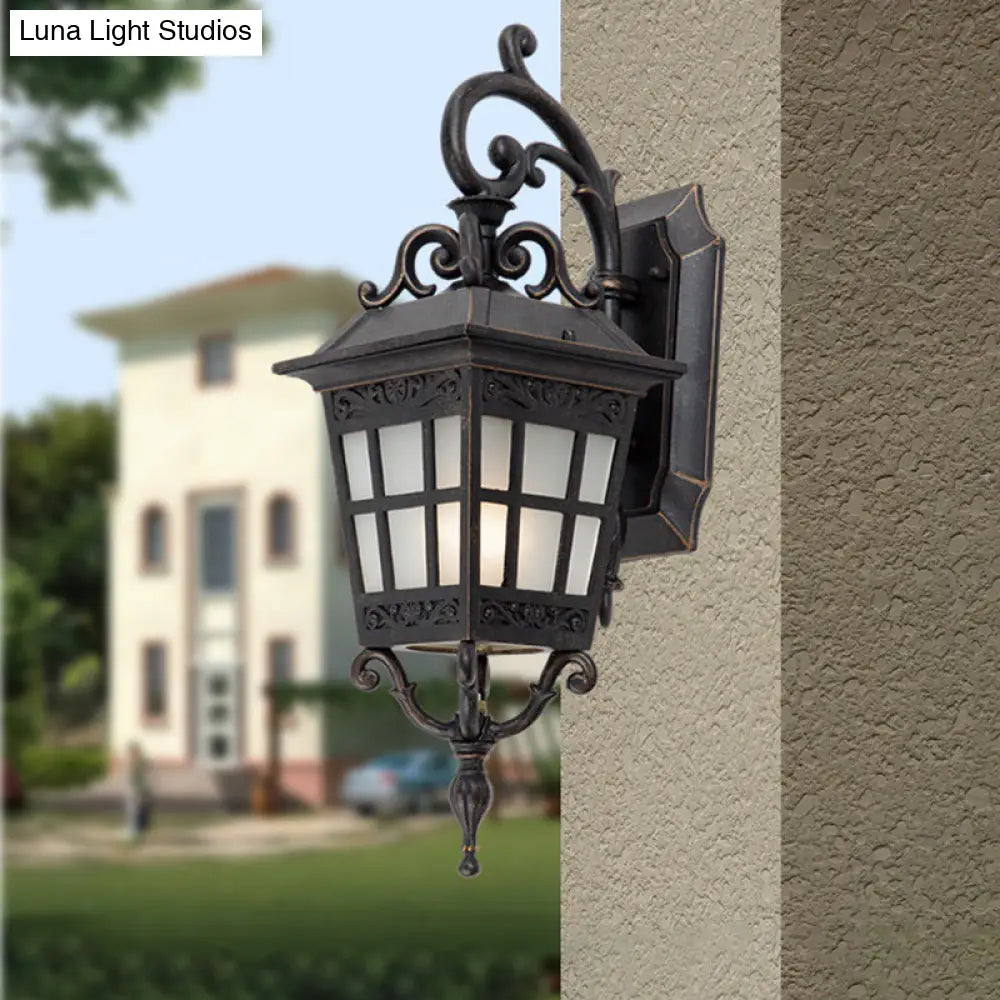 Outdoor Wall Sconce Lamp - 1-Light White Frosted Glass Black Finish Tower Design