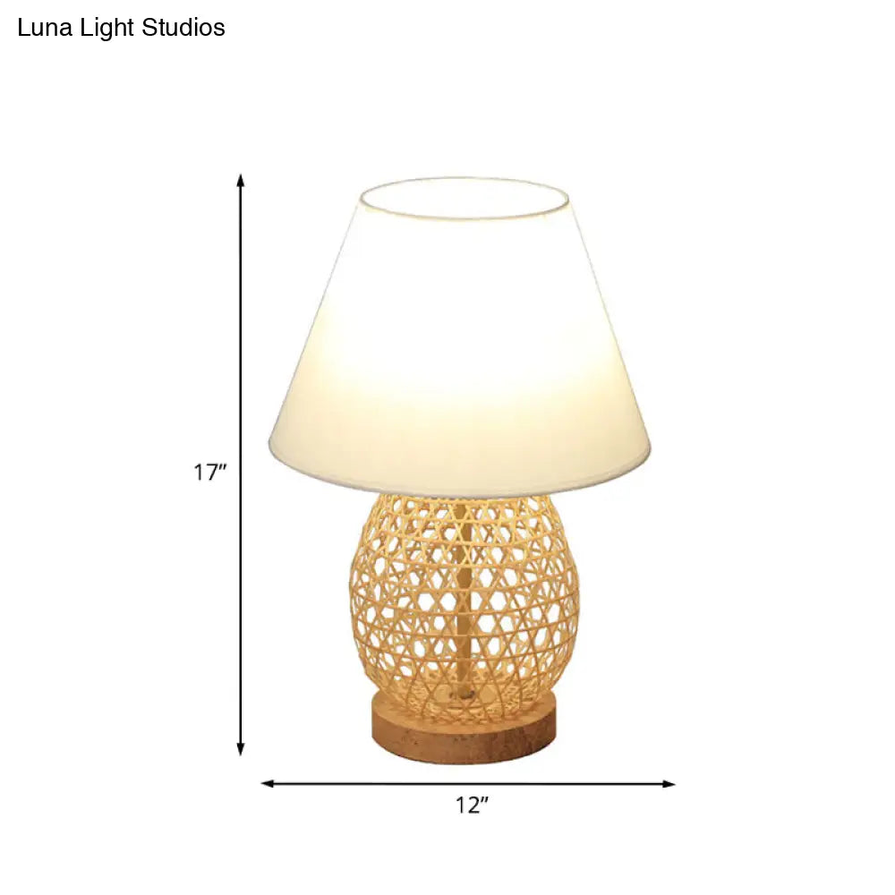 Oval Asian Woven Night Lamp: Bamboo Rattan Table Light With White Fabric Shade In Beige