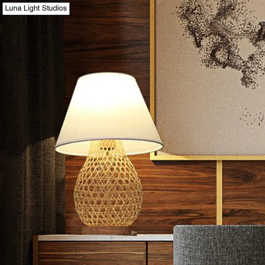 Oval Asian Woven Night Lamp: Bamboo Rattan Table Light With White Fabric Shade In Beige