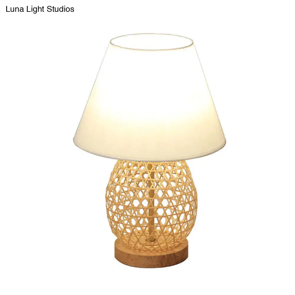 Oval Asian Woven Night Lamp: Bamboo Rattan Table Light With White Fabric Shade In Beige