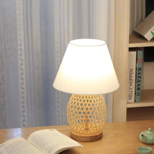 Oval Asian Woven Night Lamp: Bamboo Rattan Table Light With White Fabric Shade In Beige