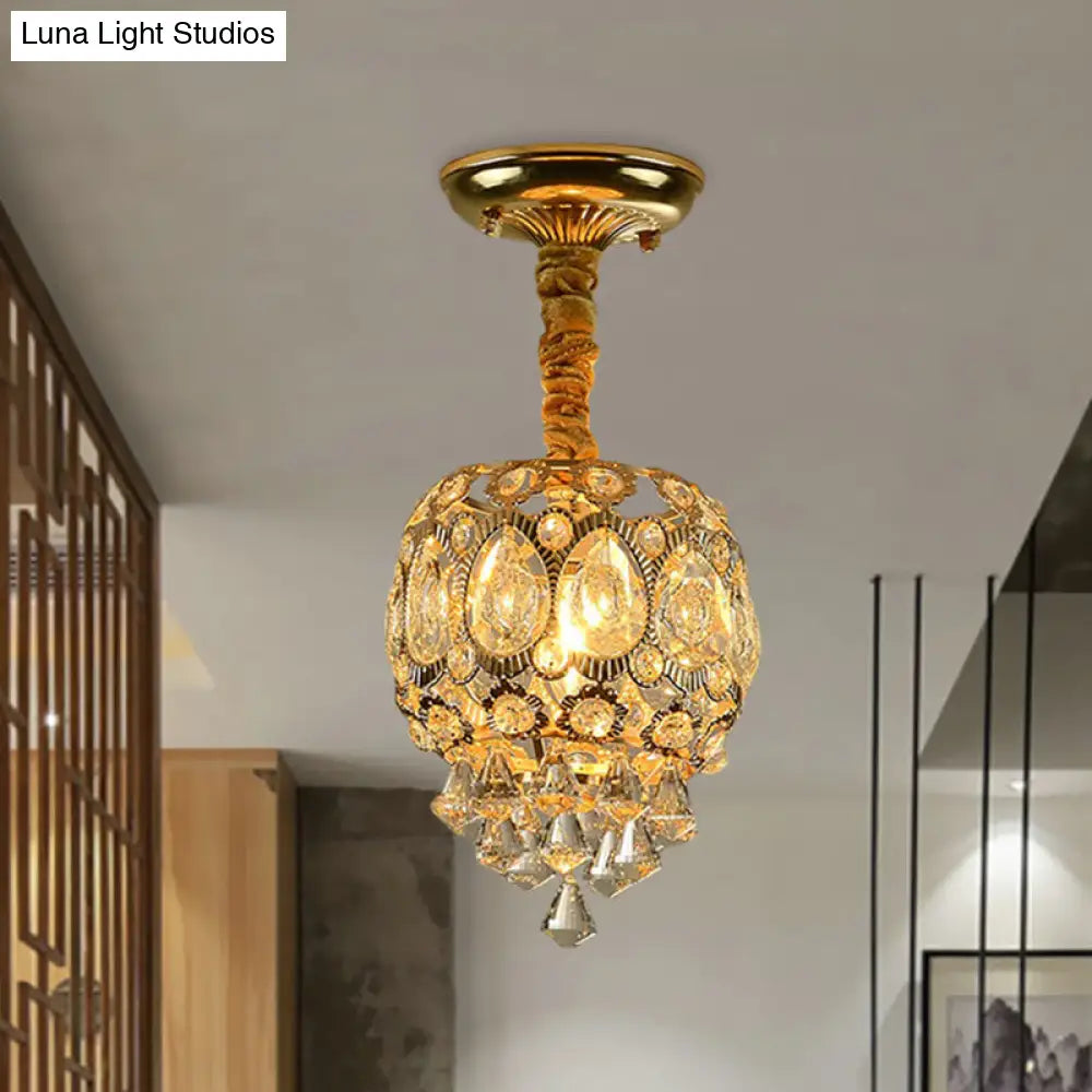 Oval Crystal Flush Ceiling Light Fixture With 1 Bulb In Gold