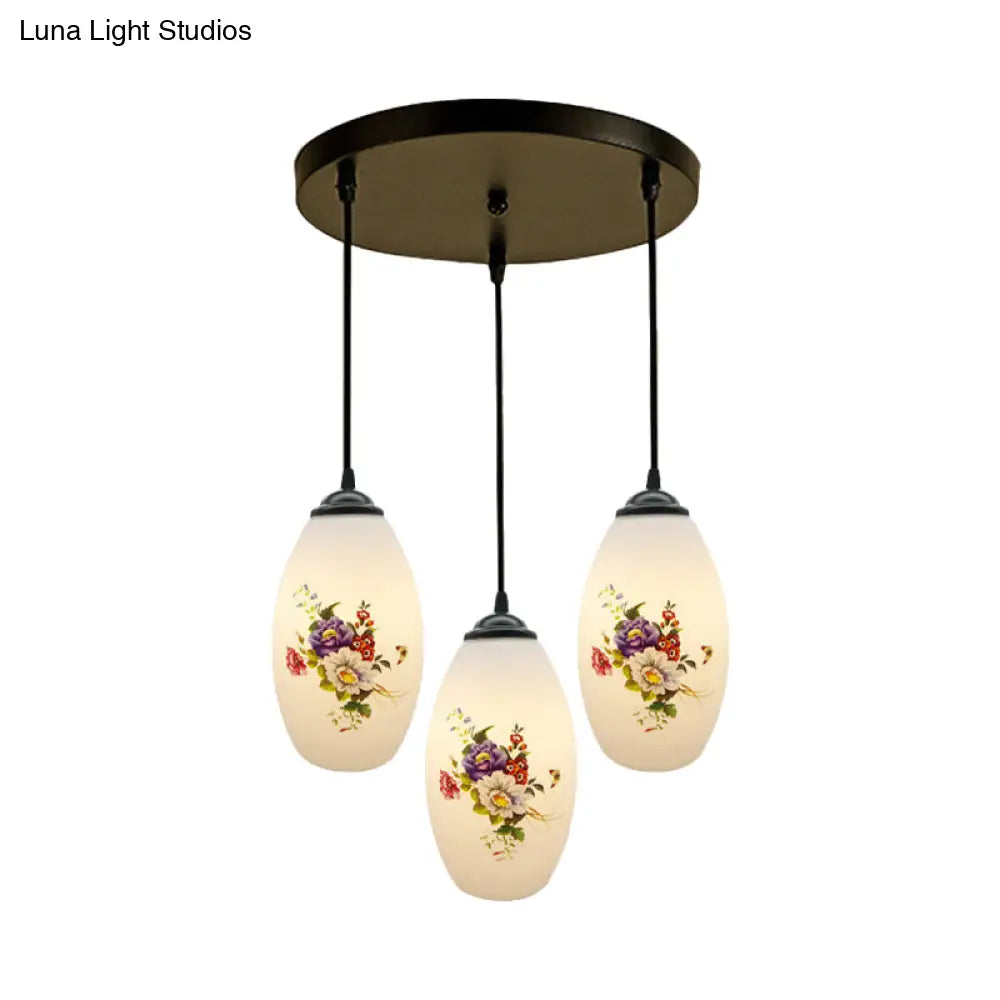 Oval Multi-Pendant Modern Ceiling Hang Fixture - 3 Lights Black Finish White Printed Glass