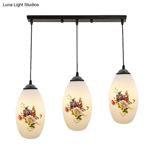 Oval Multi-Pendant Modern Ceiling Hang Fixture - 3 Lights Black Finish White Printed Glass