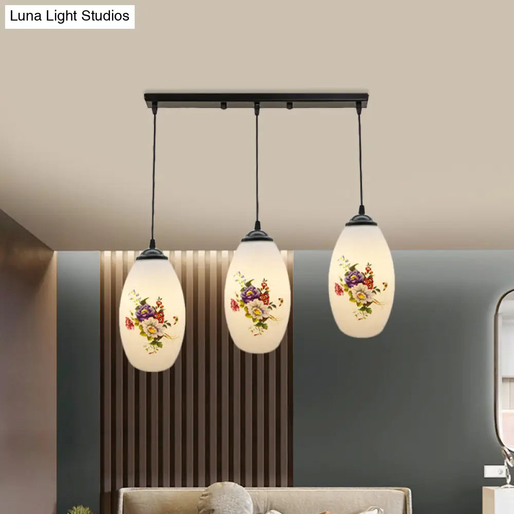 Oval Multi-Pendant Modern Ceiling Hang Fixture - 3 Lights Black Finish White Printed Glass