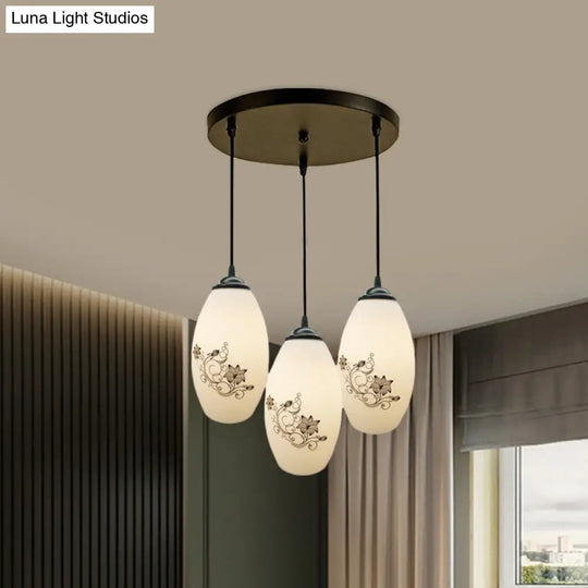 Oval Multi-Pendant Modern Ceiling Hang Fixture - 3 Lights Black Finish White Printed Glass