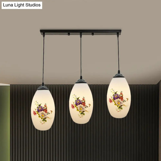 Oval Multi-Pendant Modern Ceiling Hang Fixture - 3 Lights Black Finish White Printed Glass