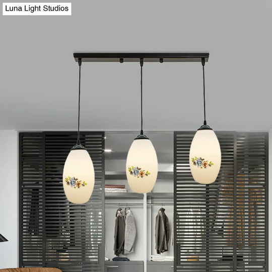 Oval Multi-Pendant Modern Ceiling Hang Fixture - 3 Lights Black Finish White Printed Glass