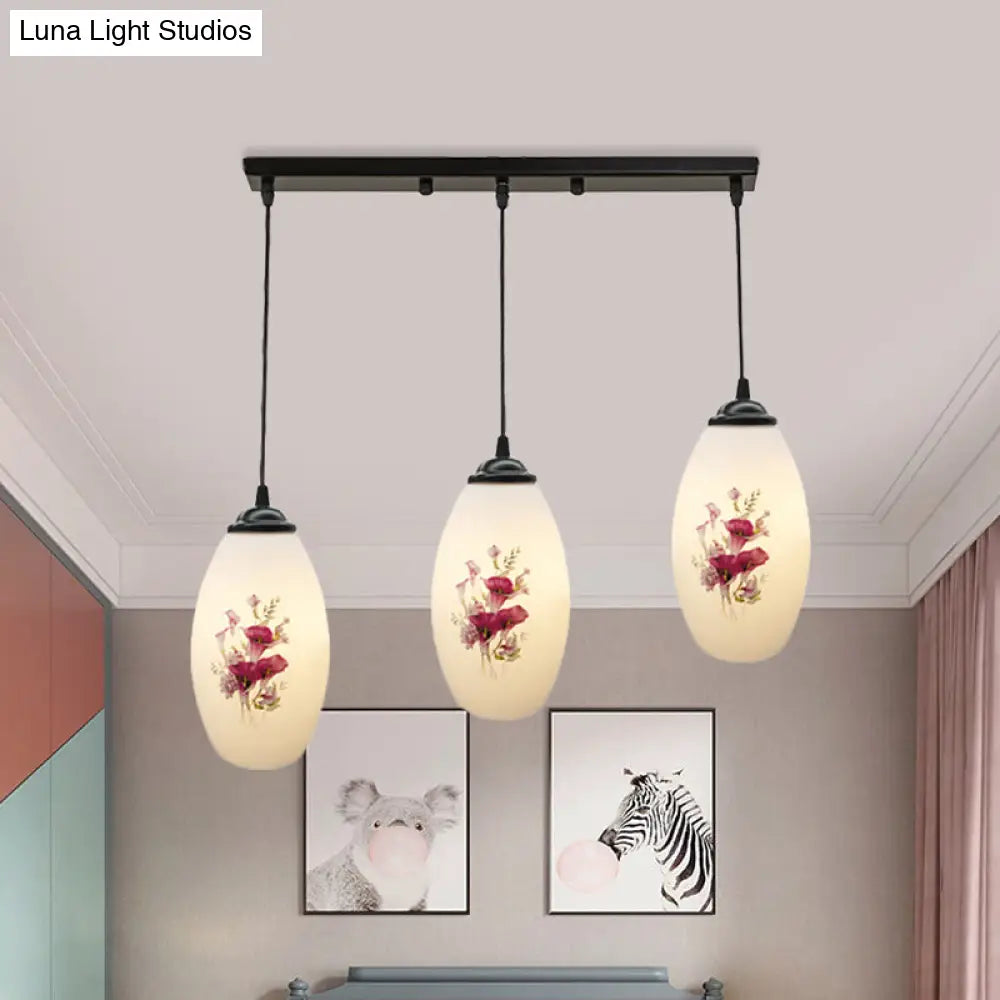 Oval Multi-Pendant Modern Ceiling Hang Fixture - 3 Lights Black Finish White Printed Glass