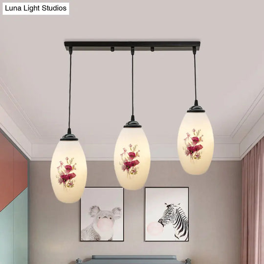 Oval Multi-Pendant Modern Ceiling Hang Fixture - 3 Lights Black Finish White Printed Glass