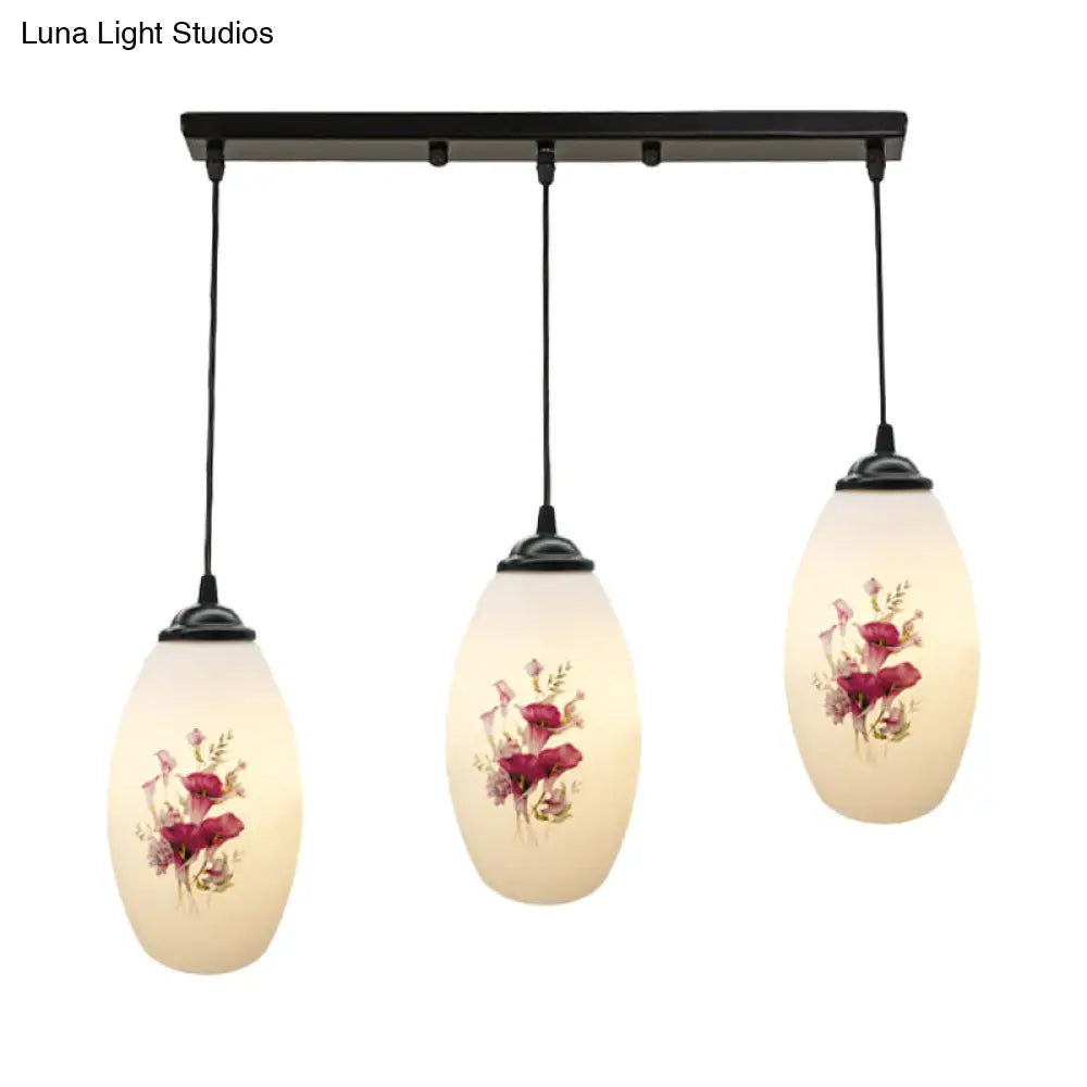 Oval Multi-Pendant Modern Ceiling Hang Fixture - 3 Lights Black Finish White Printed Glass