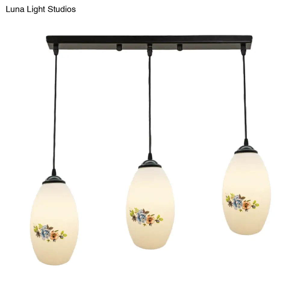 Oval Multi-Pendant Modern Ceiling Hang Fixture - 3 Lights Black Finish White Printed Glass