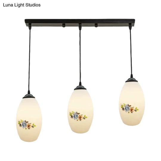 Oval Multi-Pendant Modern Ceiling Hang Fixture - 3 Lights Black Finish White Printed Glass