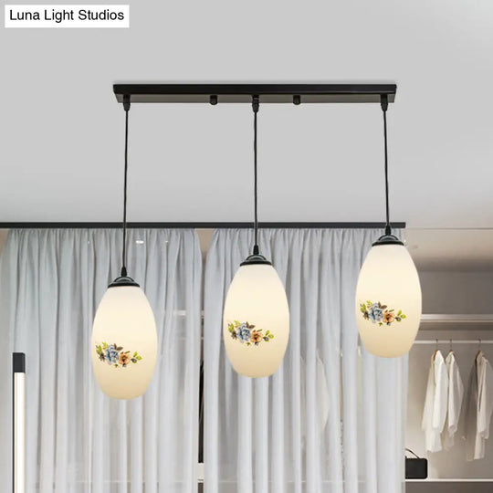 Oval Multi-Pendant Modern Ceiling Hang Fixture - 3 Lights Black Finish White Printed Glass