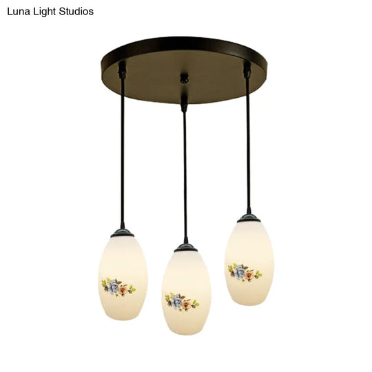 Oval Multi-Pendant Modern Ceiling Hang Fixture - 3 Lights Black Finish White Printed Glass