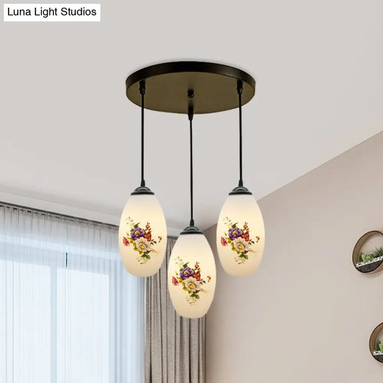 Oval Multi-Pendant Modern Ceiling Hang Fixture - 3 Lights Black Finish White Printed Glass