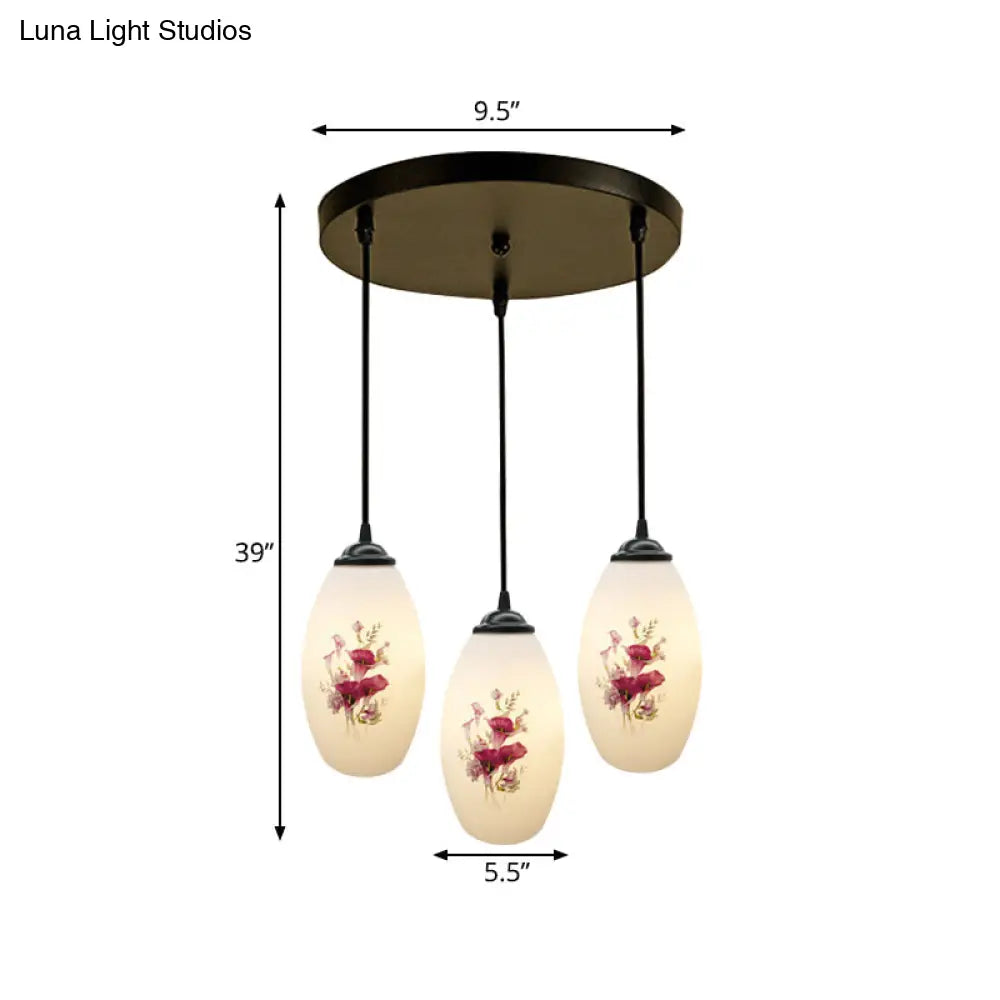 Oval Multi-Pendant Modern Ceiling Hang Fixture - 3 Lights Black Finish White Printed Glass