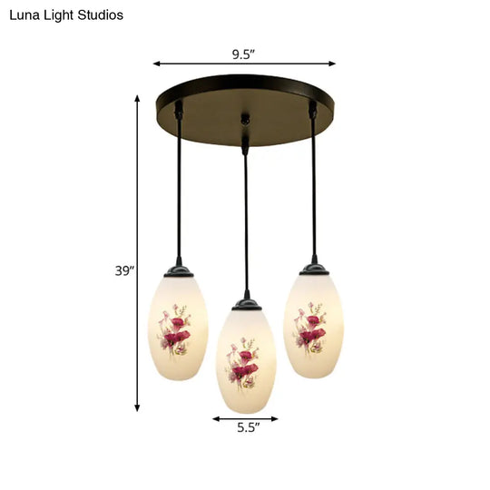 Oval Multi-Pendant Modern Ceiling Hang Fixture - 3 Lights Black Finish White Printed Glass