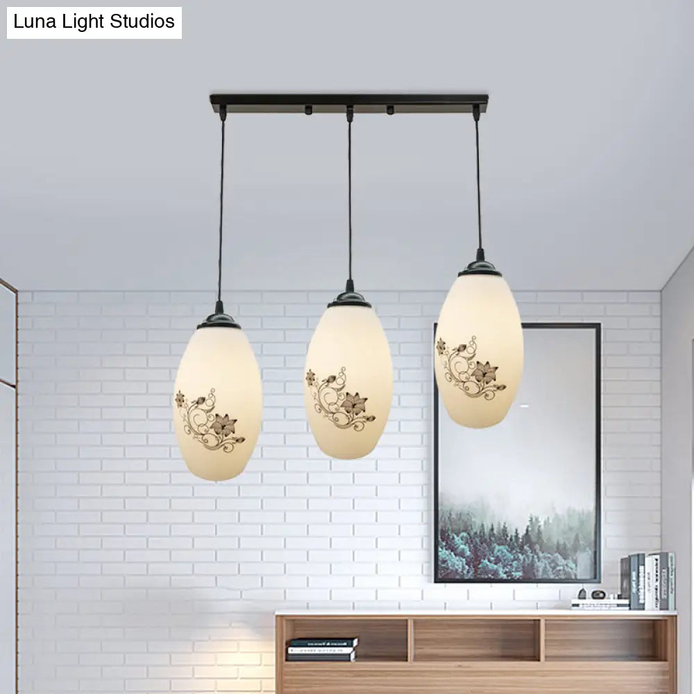 Oval Multi-Pendant Modern Ceiling Hang Fixture - 3 Lights Black Finish White Printed Glass