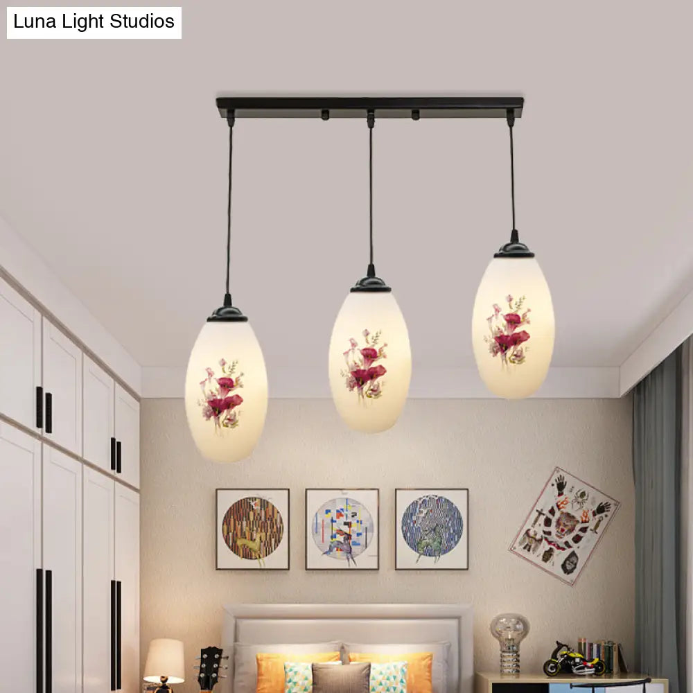 Oval Multi-Pendant Modern Ceiling Hang Fixture - 3 Lights Black Finish White Printed Glass