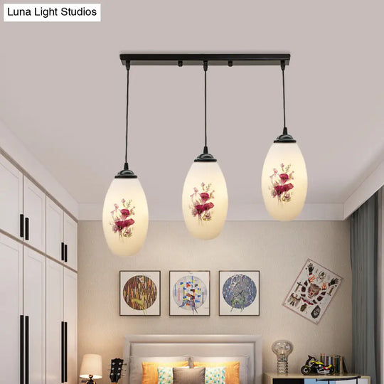 Oval Multi-Pendant Modern Ceiling Hang Fixture - 3 Lights Black Finish White Printed Glass