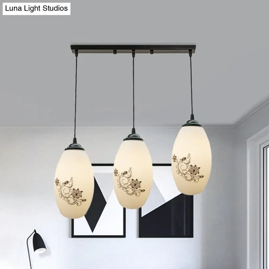 Oval Multi-Pendant Modern Ceiling Hang Fixture - 3 Lights Black Finish White Printed Glass