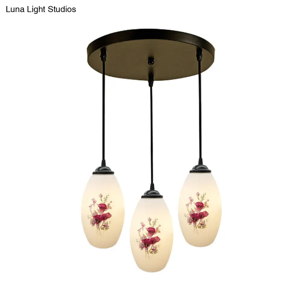 Oval Multi-Pendant Modern Ceiling Hang Fixture - 3 Lights Black Finish White Printed Glass