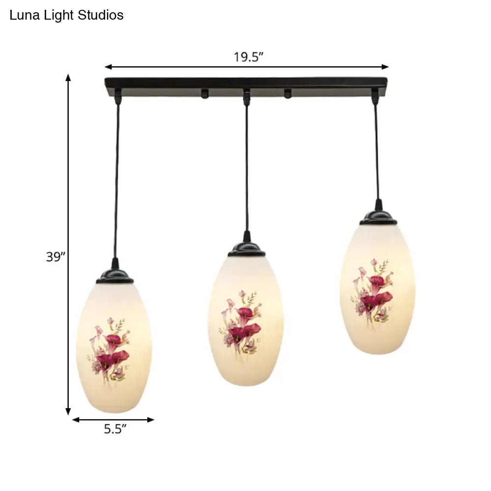 Oval Multi-Pendant Modern Ceiling Hang Fixture - 3 Lights Black Finish White Printed Glass