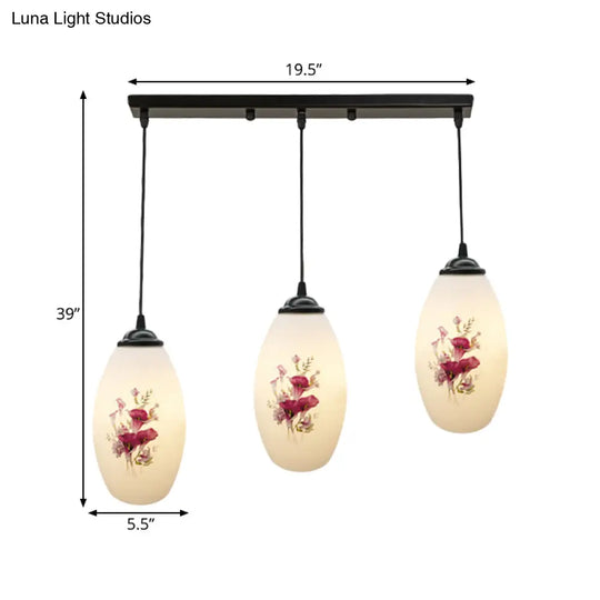 Oval Multi-Pendant Modern Ceiling Hang Fixture - 3 Lights Black Finish White Printed Glass