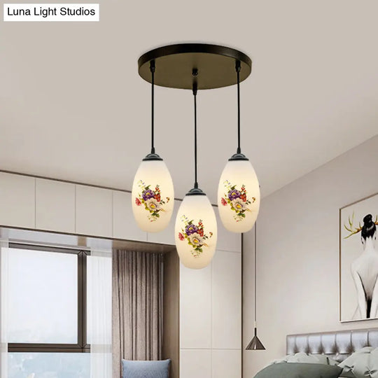 Oval Multi-Pendant Modern Ceiling Hang Fixture - 3 Lights Black Finish White Printed Glass