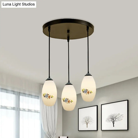 Oval Multi-Pendant Modern Ceiling Hang Fixture - 3 Lights Black Finish White Printed Glass