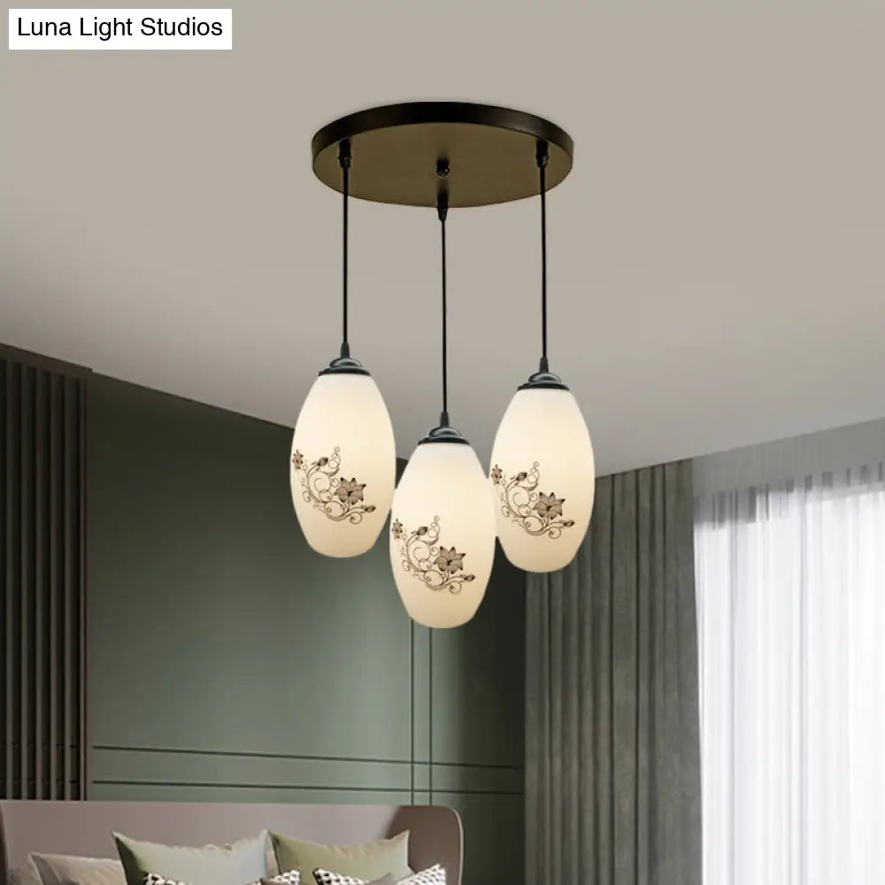 Oval Multi-Pendant Modern Ceiling Hang Fixture - 3 Lights Black Finish White Printed Glass