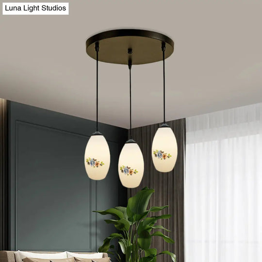 Oval Multi-Pendant Modern Ceiling Hang Fixture - 3 Lights Black Finish White Printed Glass