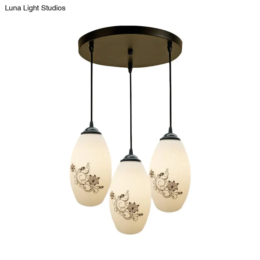 Oval Multi-Pendant Modern Ceiling Hang Fixture - 3 Lights Black Finish White Printed Glass