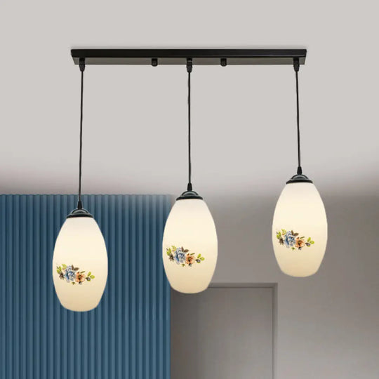 Oval Multi-Pendant Modern Ceiling Hang Fixture - 3 Lights Black Finish White Printed Glass / A