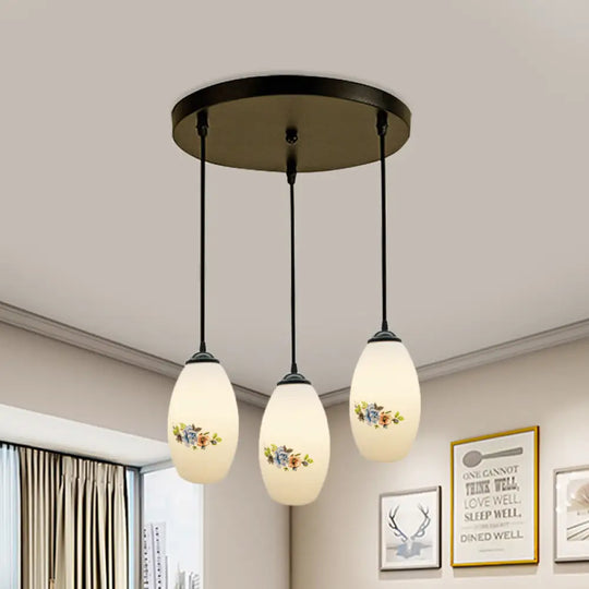 Oval Multi-Pendant Modern Ceiling Hang Fixture - 3 Lights Black Finish White Printed Glass / A Round